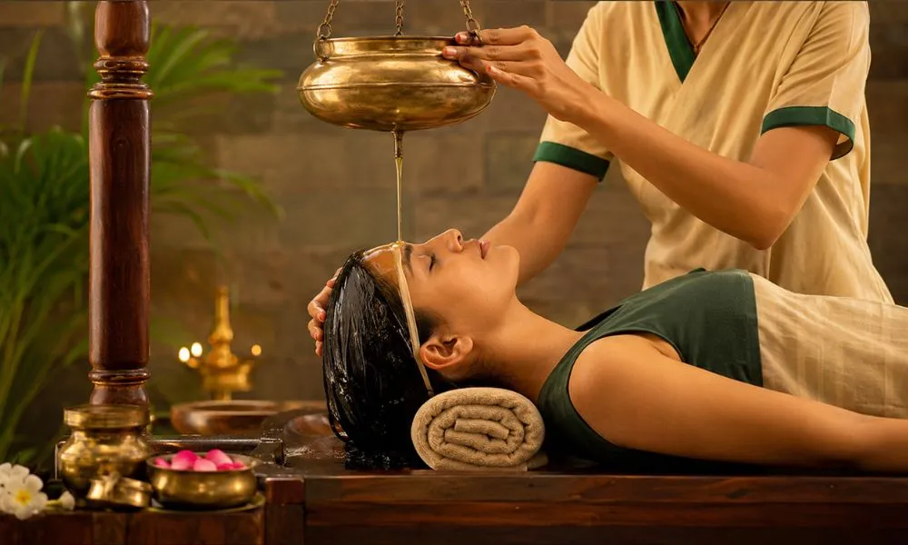 Traditional Shirodhara therapy at an ayurvedic spa in Coimbatore, featuring warm herbal oil treatment for deep relaxation, stress relief, and holistic wellness.