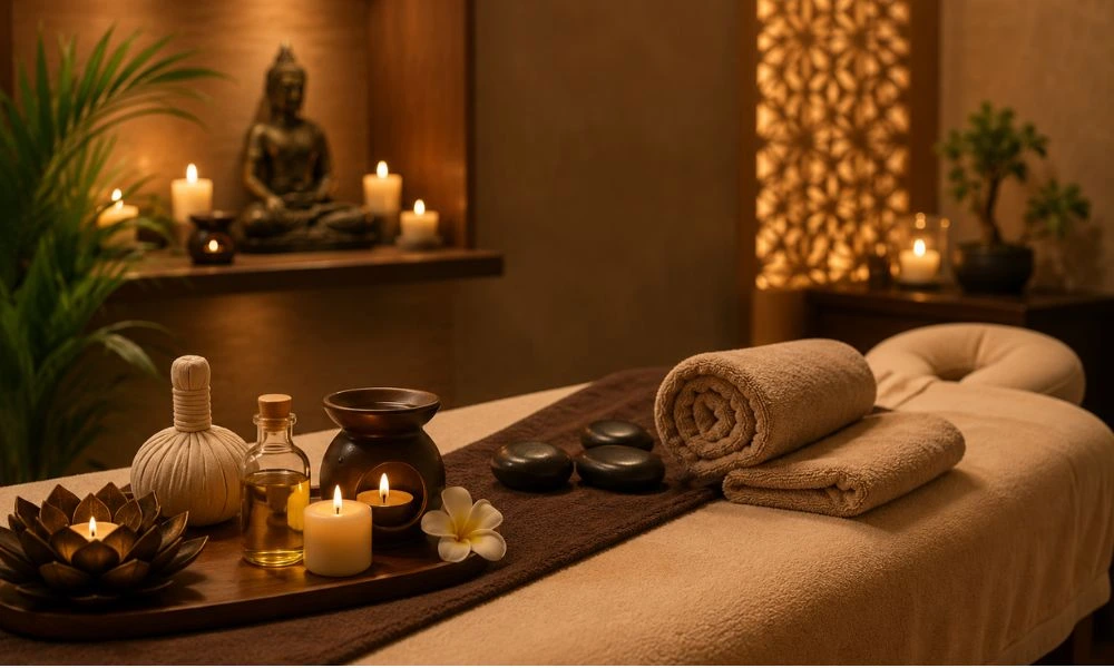 Luxury spa massage room with candles, massage table, and wellness décor at a premium spa in Coimbatore.