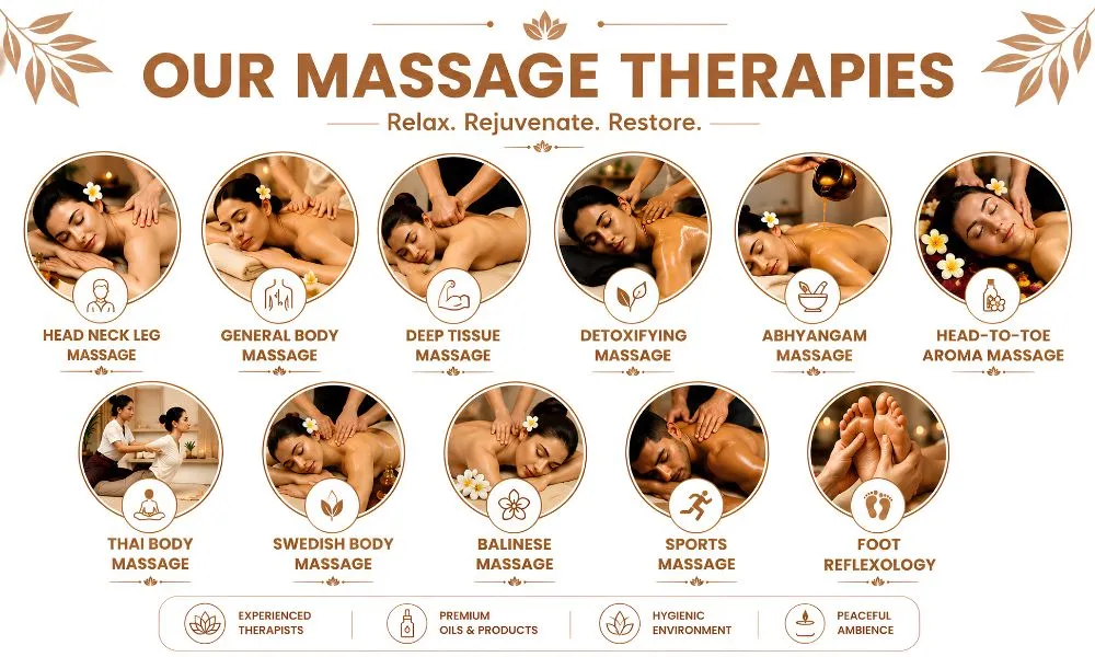 Professional massage therapy services at a spa in Coimbatore featuring full body massage, Thai massage, Swedish massage, and Foot Reflexology.